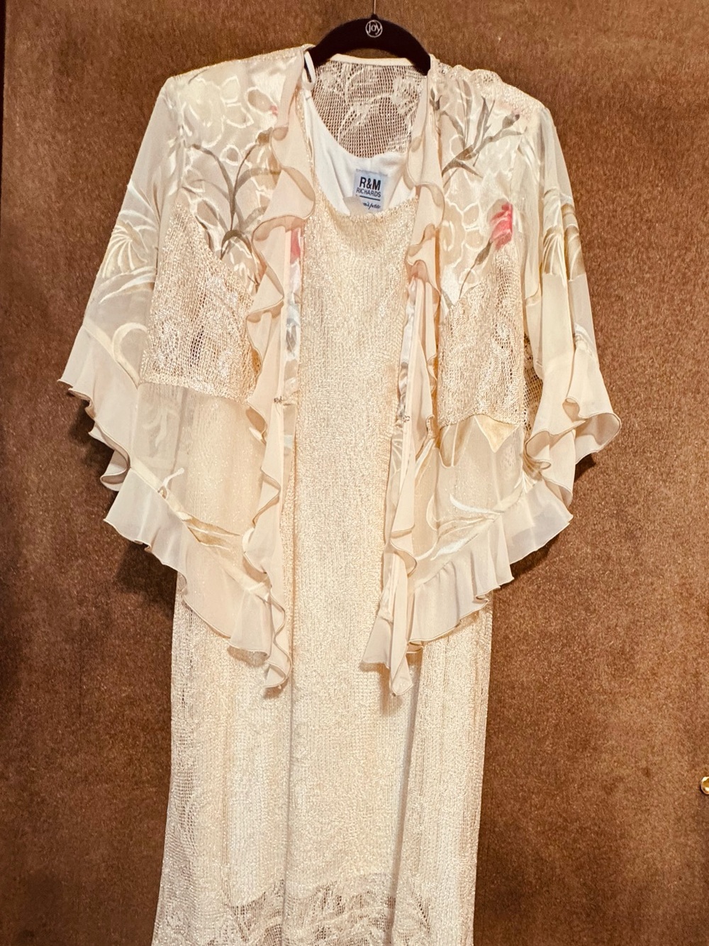 R&M Richards Cream Lace Dress with Floral Sheer Capelet